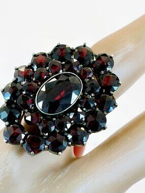 Antique Ring Bohemian Garnet Cluster: Gold, 900 Silver, Rose Cut Stones, GF